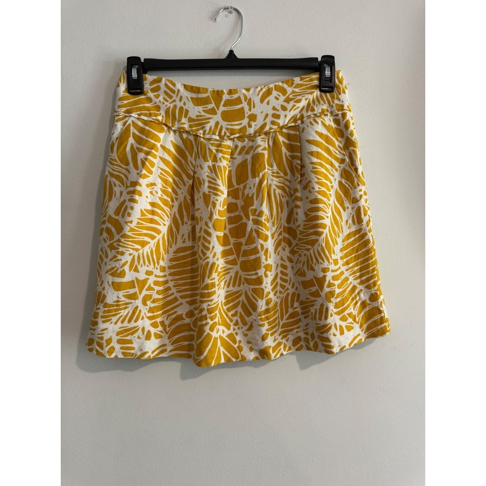 summer skirt LOFT Tropical Leaf Print Mini Womens 4 Yellow Linen Blend Pockets